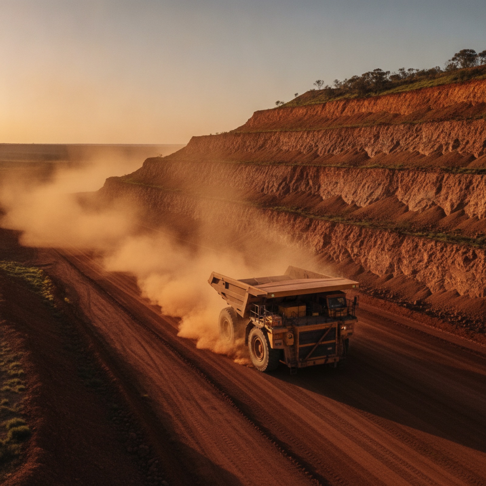 Haul truck on a red-earth road at an Australian iron ore mine at golden hour